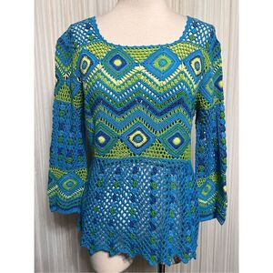 Ann Trinity 3/4 Sleeve Blue and Green Scalloped Edge Crocheted Sweater Size Smal
